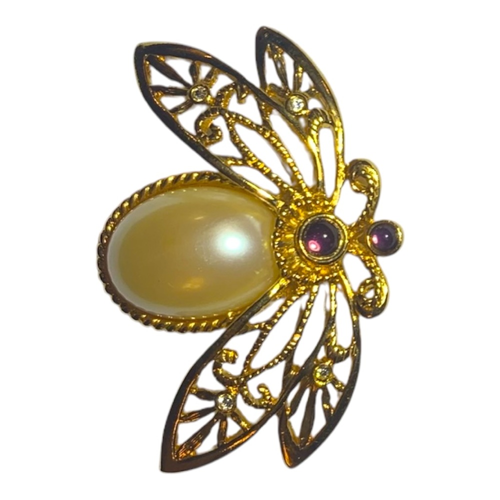 Vintage Avon Gold Tone Faux Pearl Nature's Flight Jelly Bee Bug Pin Brooch